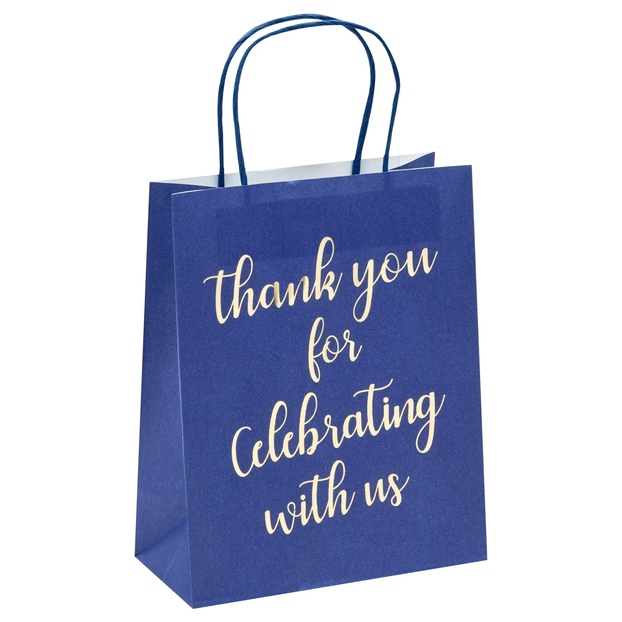 24-Pack 8x4x10-Inch Navy Blue Gift Bags with Gold Foil Script, Medium-Sized Thank You Bags with Handles and 24 Sheets White Tissue Paper