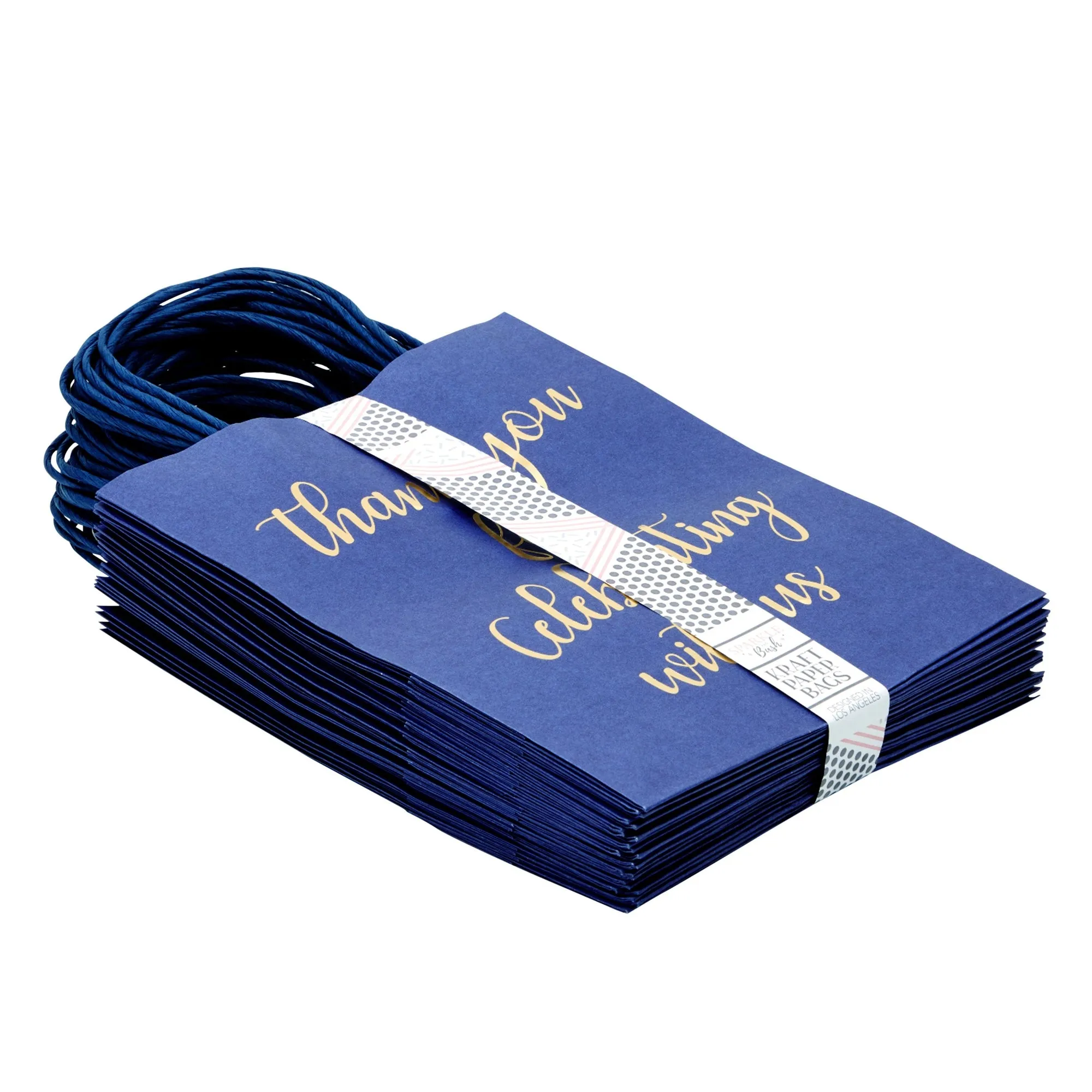 24-Pack 8x4x10-Inch Navy Blue Gift Bags with Gold Foil Script, Medium-Sized Thank You Bags with Handles and 24 Sheets White Tissue Paper