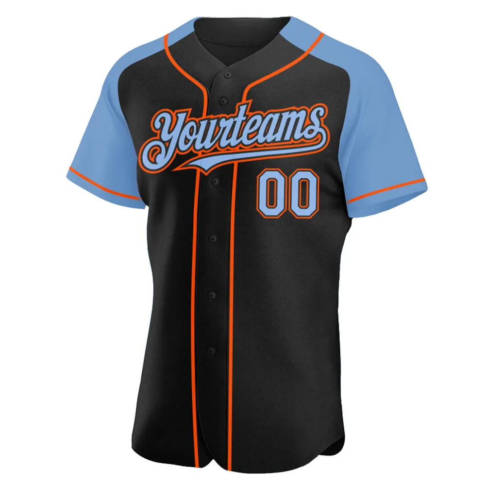 Custom Black Light Blue-Orange Authentic Raglan Sleeves Baseball Jersey