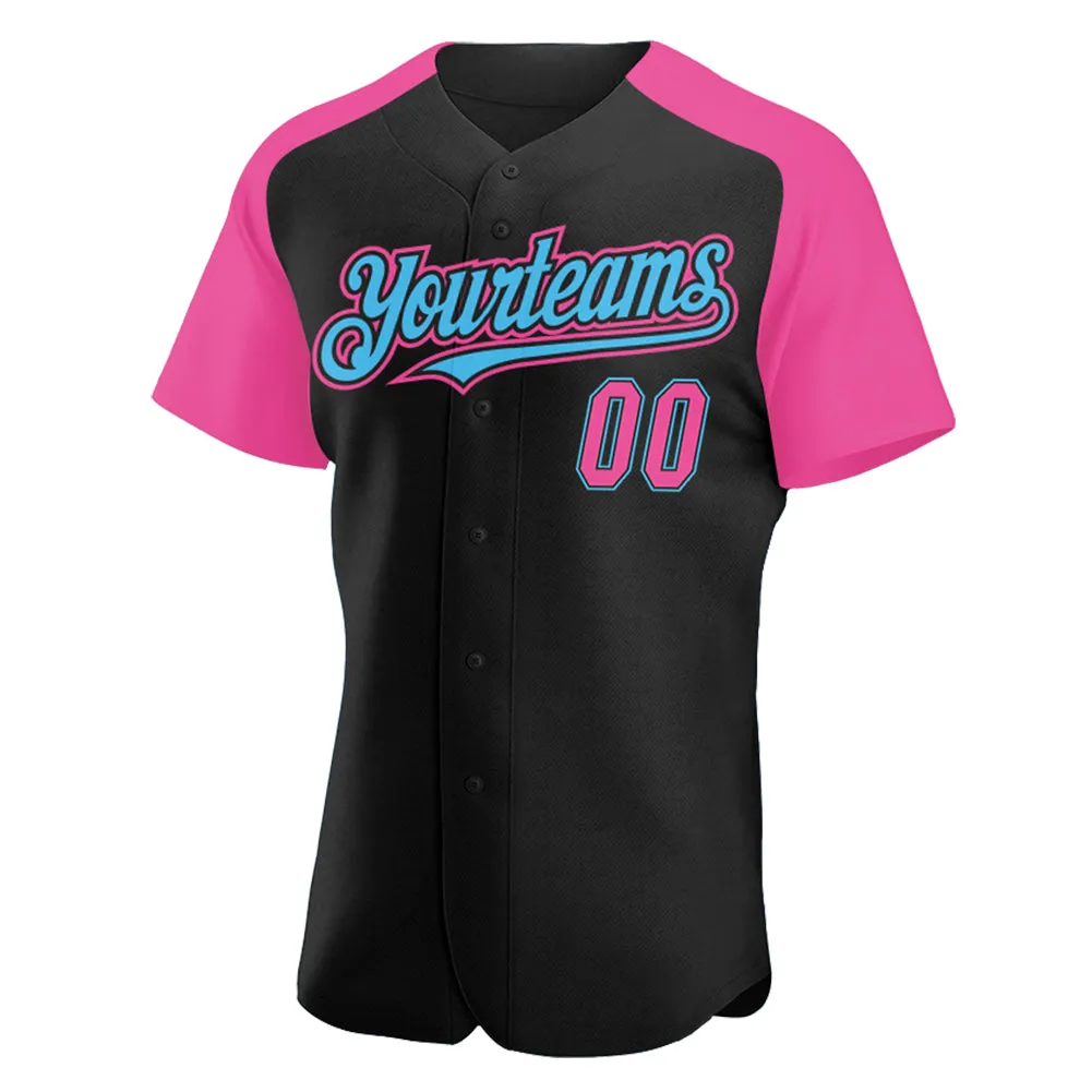 Custom Black Pink-Sky Blue Authentic Raglan Sleeves Baseball Jersey