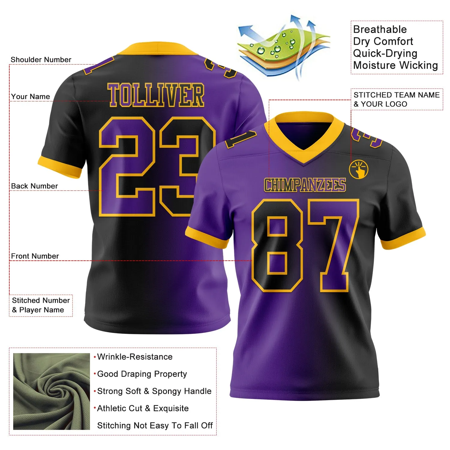 Custom Black Purple-Gold Mesh Authentic Gradient Fashion Football Jersey