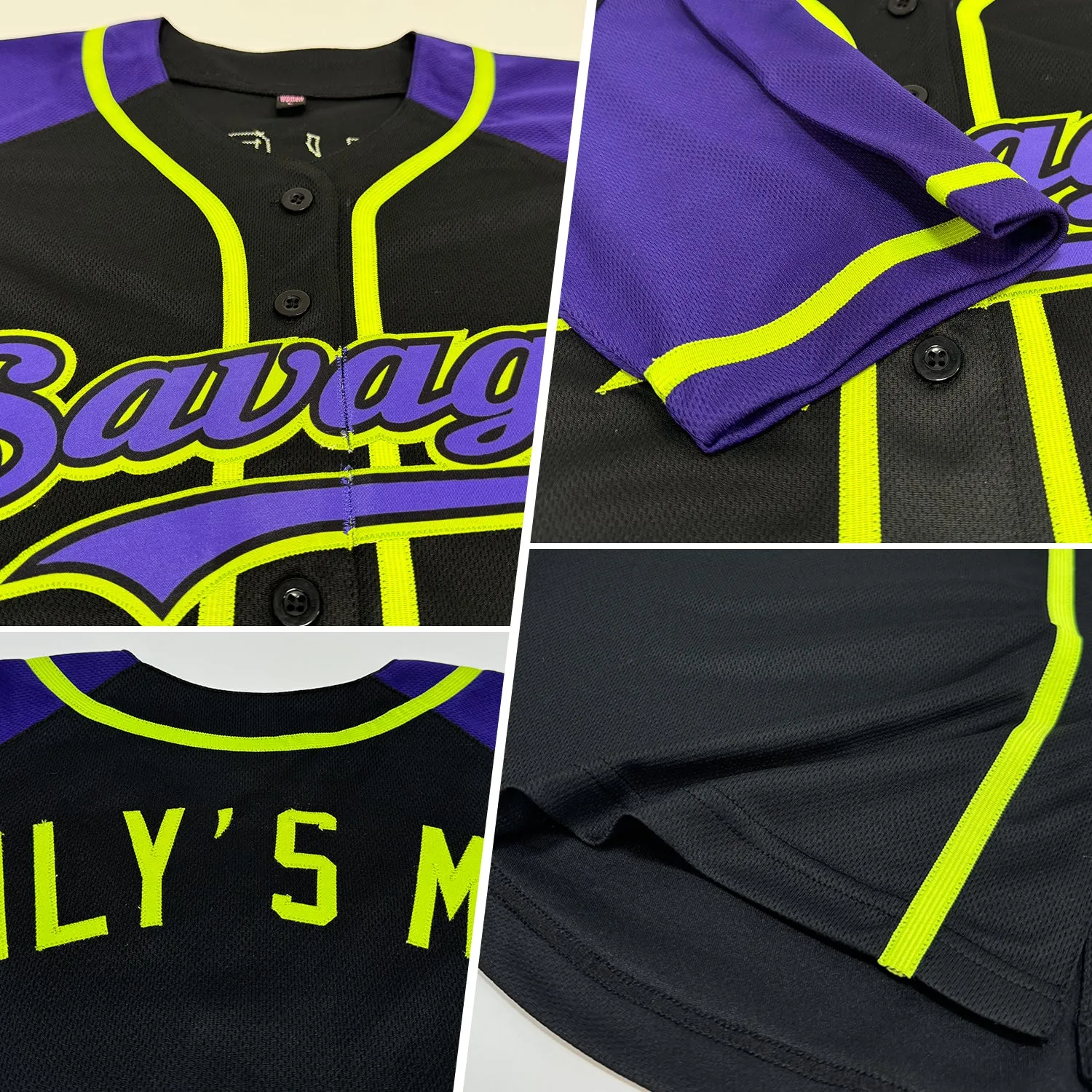 Custom Black Purple-Neon Green Authentic Raglan Sleeves Baseball Jersey