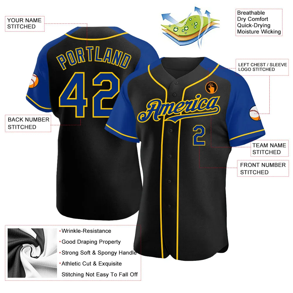 Custom Black Royal-Yellow Authentic Raglan Sleeves Baseball Jersey