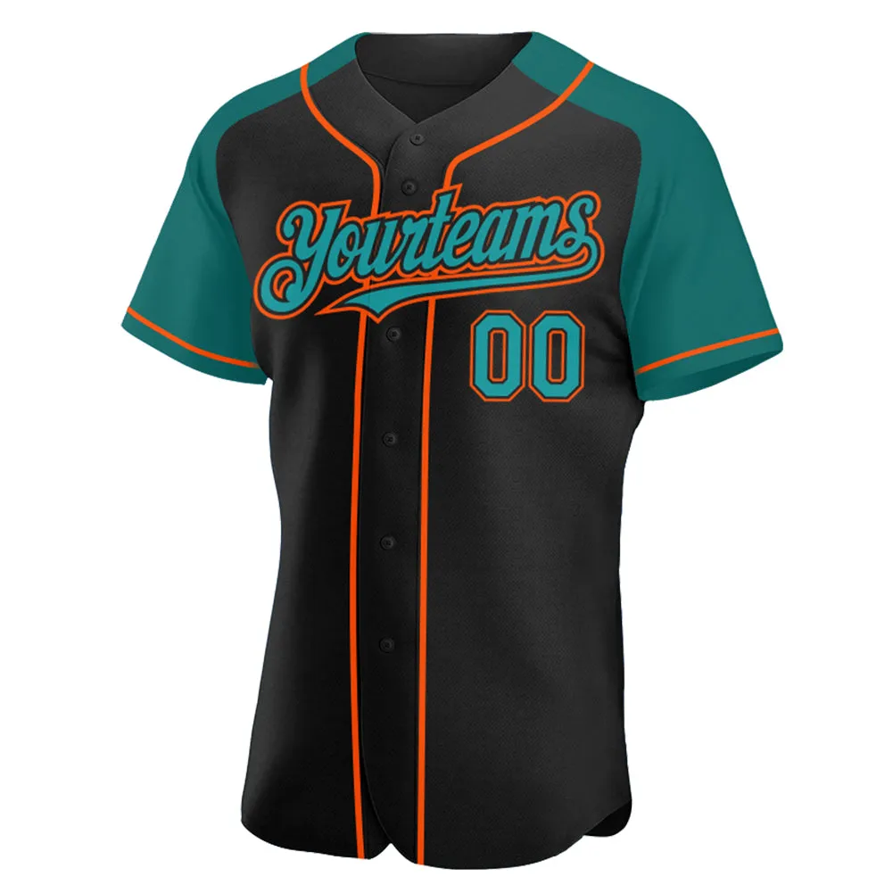 Custom Black Teal-Orange Authentic Raglan Sleeves Baseball Jersey