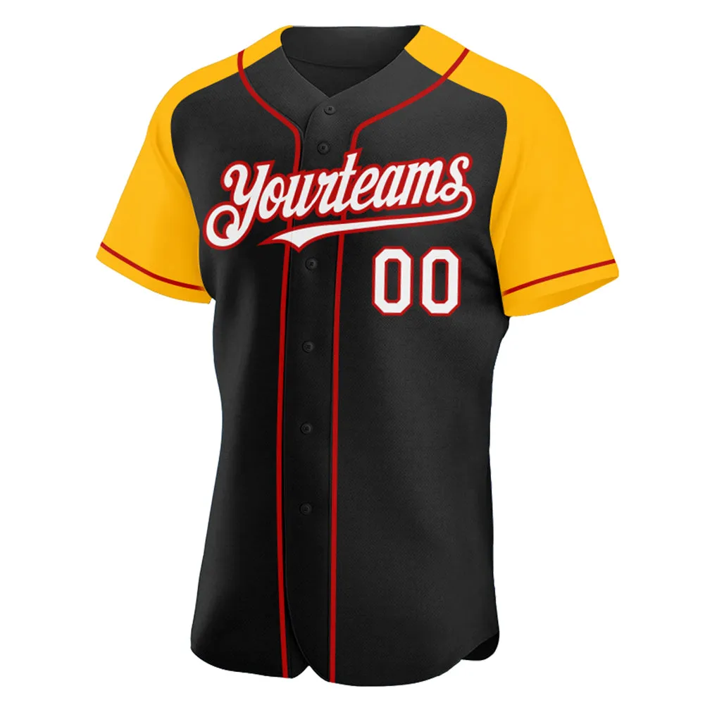 Custom Black White Gold-Red Authentic Raglan Sleeves Baseball Jersey