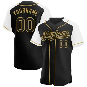 Custom Black White-Old Gold Authentic Raglan Sleeves Baseball Jersey