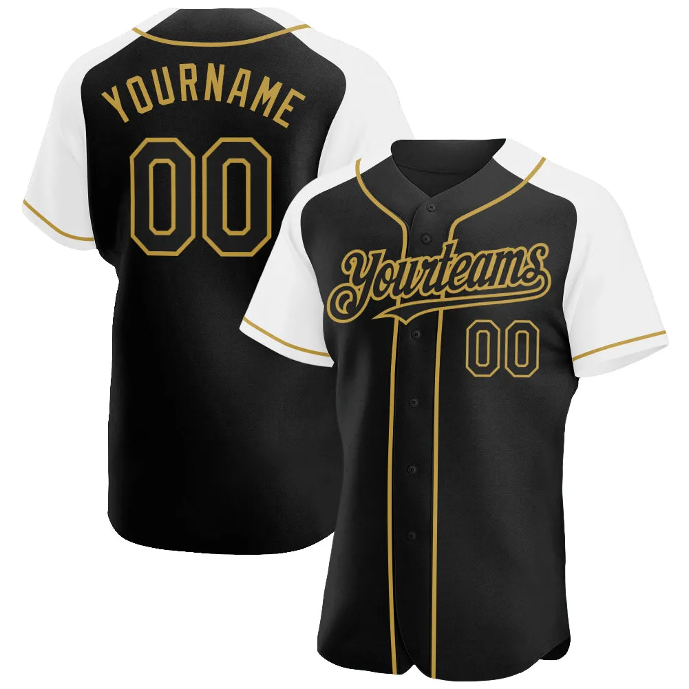 Custom Black White-Old Gold Authentic Raglan Sleeves Baseball Jersey