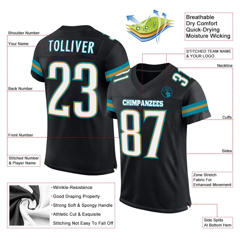 Custom Black White-Teal Mesh Authentic Football Jersey