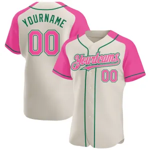 Custom Cream Pink-Kelly Green Authentic Raglan Sleeves Baseball Jersey