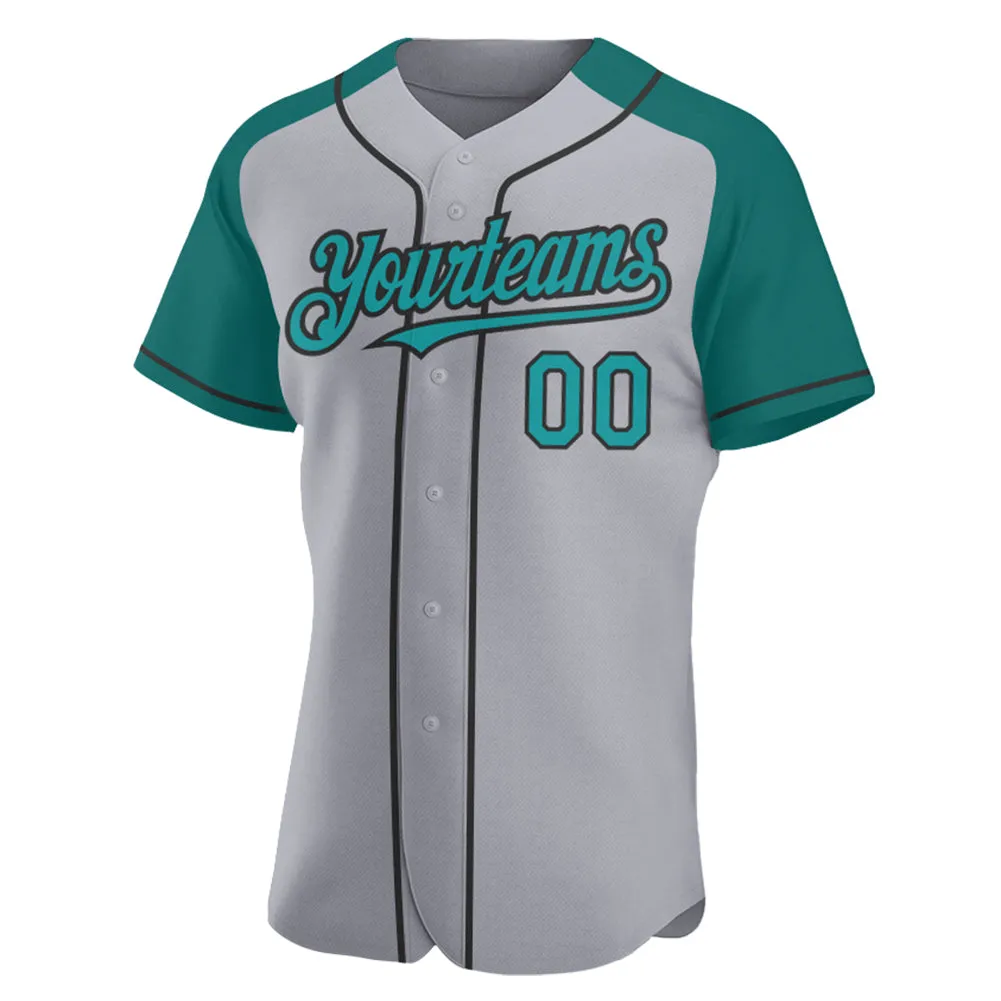 Custom Gray Teal-Black Authentic Raglan Sleeves Baseball Jersey