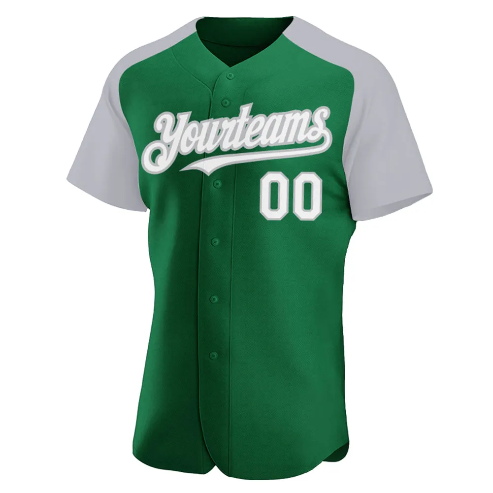 Custom Kelly Green White-Gray Authentic Raglan Sleeves Baseball Jersey