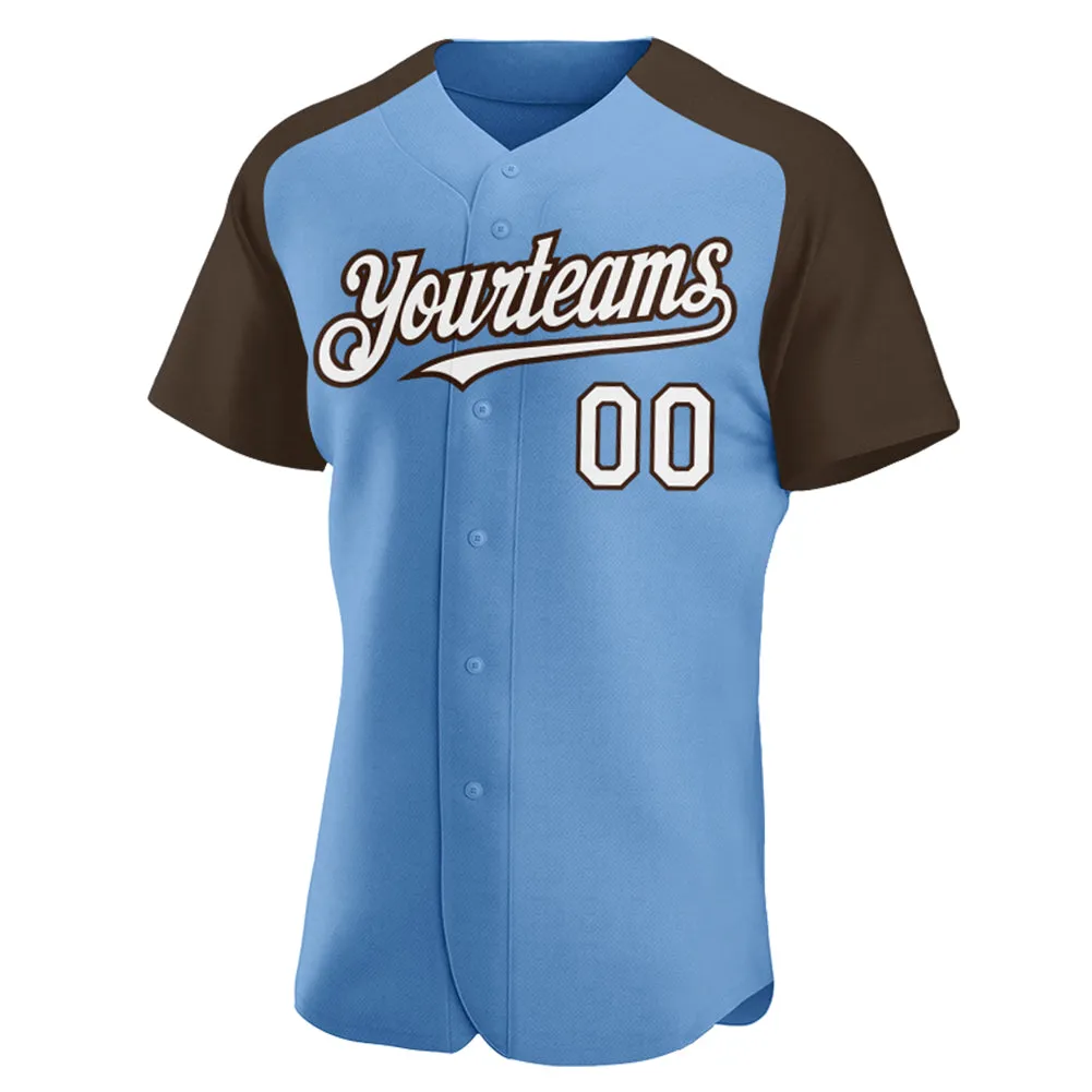 Custom Light Blue White-Brown Authentic Raglan Sleeves Baseball Jersey