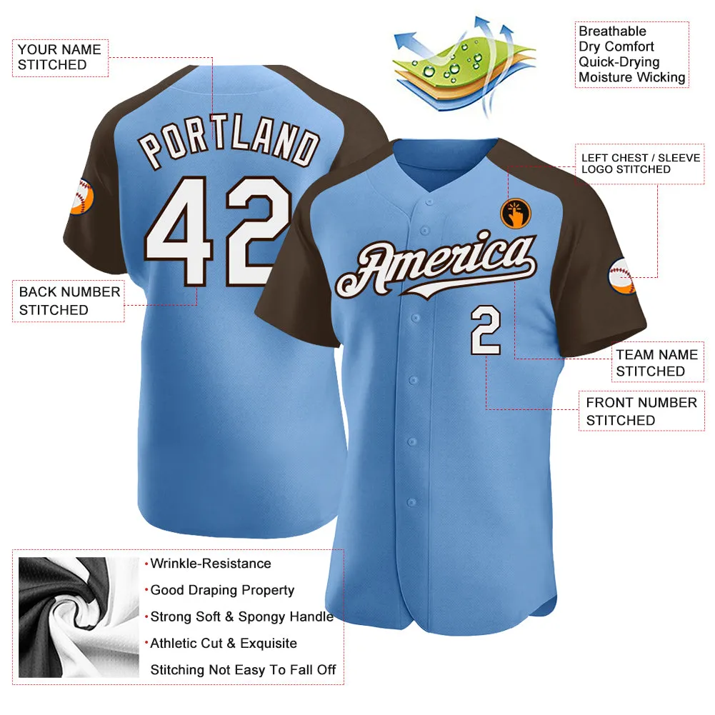 Custom Light Blue White-Brown Authentic Raglan Sleeves Baseball Jersey