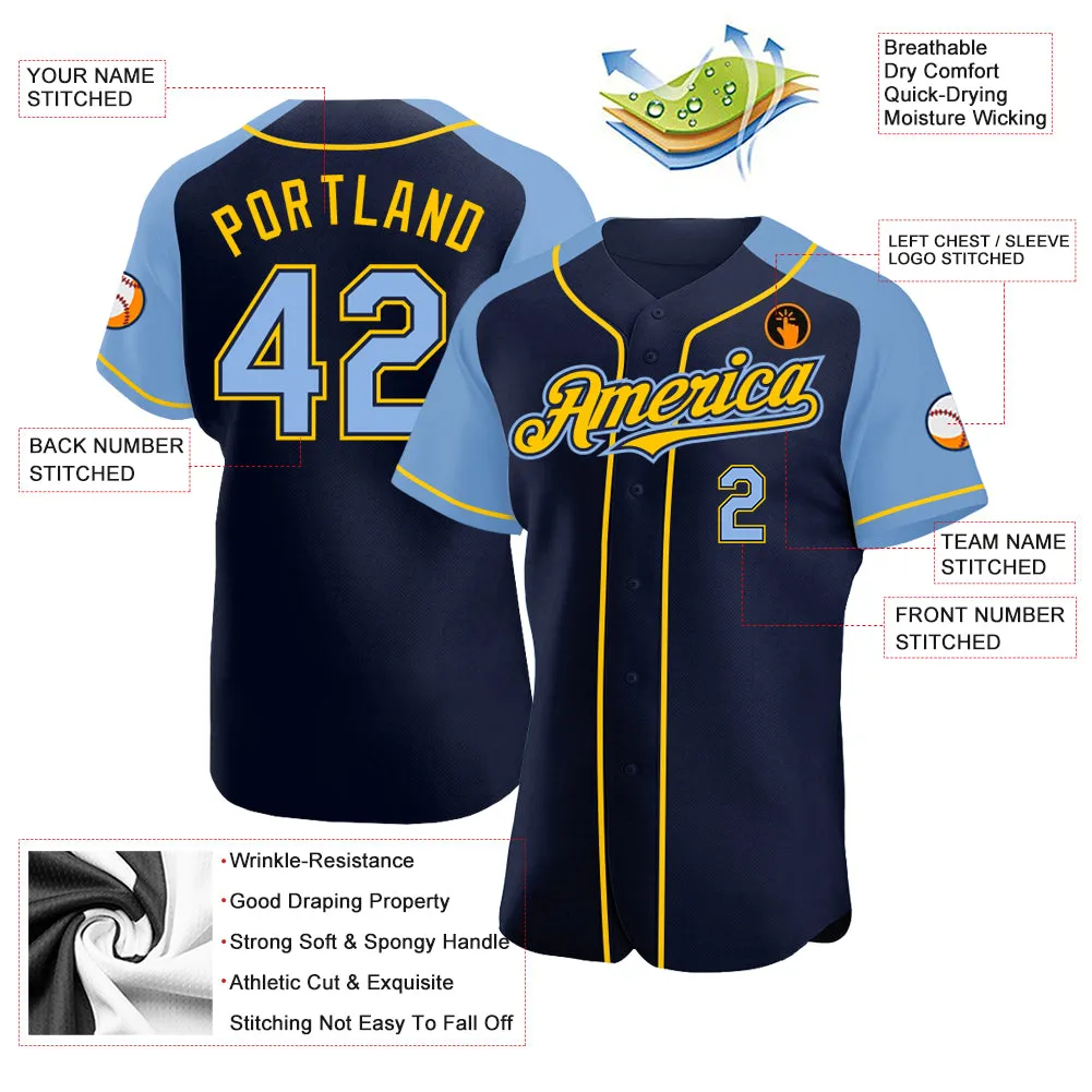 Custom Navy Light Blue-Yellow Authentic Raglan Sleeves Baseball Jersey