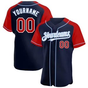 Custom Navy Red-Light Blue Authentic Raglan Sleeves Baseball Jersey