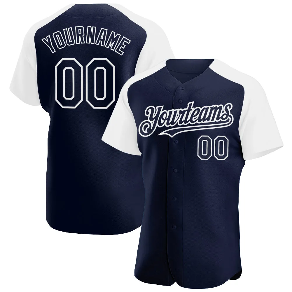 Custom Navy White Authentic Raglan Sleeves Baseball Jersey