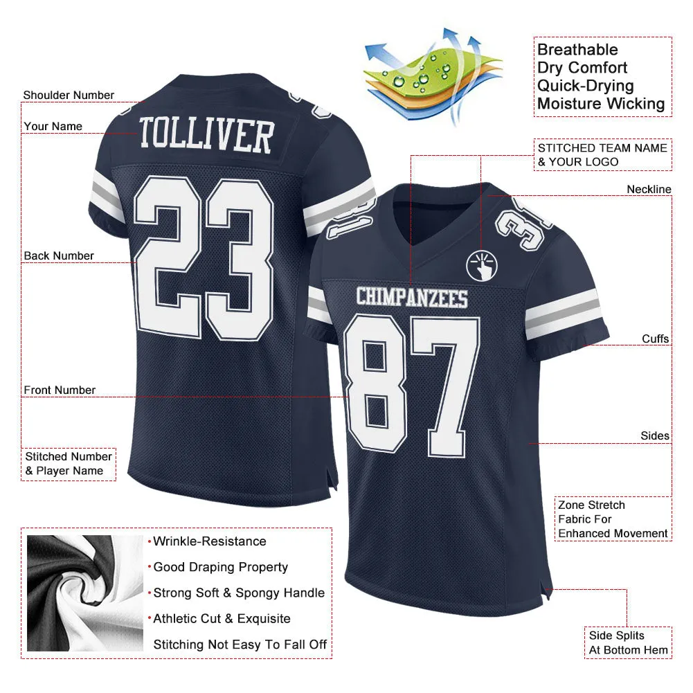 Custom Navy White-Gray Mesh Authentic Football Jersey