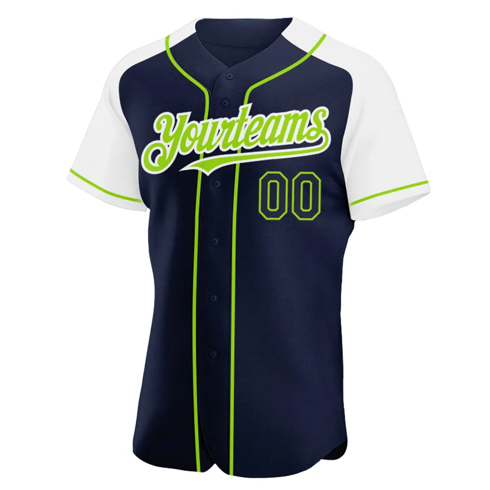 Custom Navy White-Neon Green Authentic Raglan Sleeves Baseball Jersey