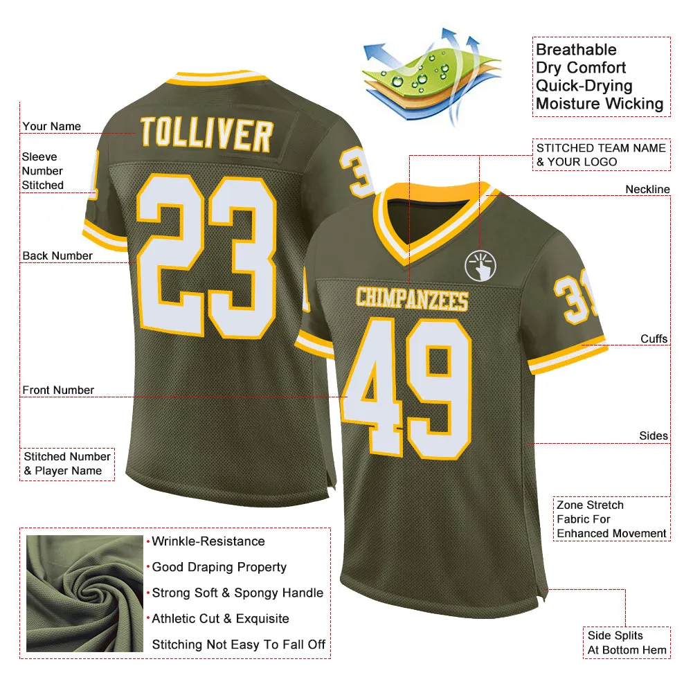 Custom Olive White-Gold Mesh Authentic Throwback Salute To Service Football Jersey