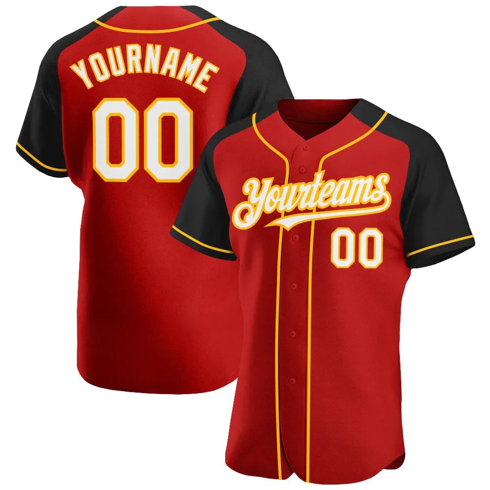 Custom Red White Black-Gold Authentic Raglan Sleeves Baseball Jersey