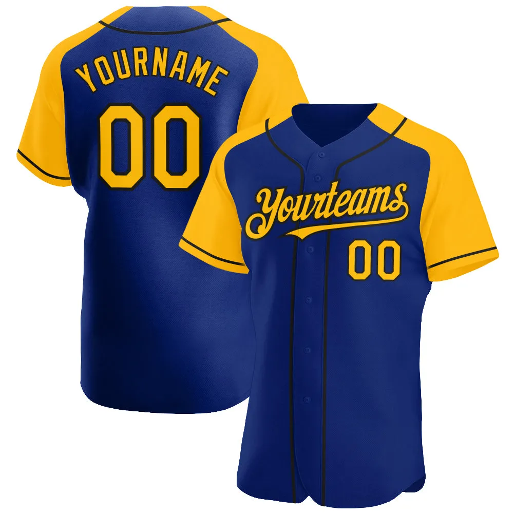 Custom Royal Gold-Black Authentic Raglan Sleeves Baseball Jersey