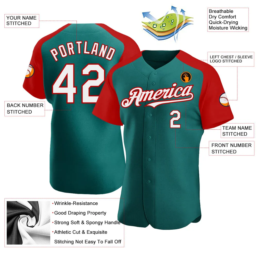 Custom Teal White-Red Authentic Raglan Sleeves Baseball Jersey