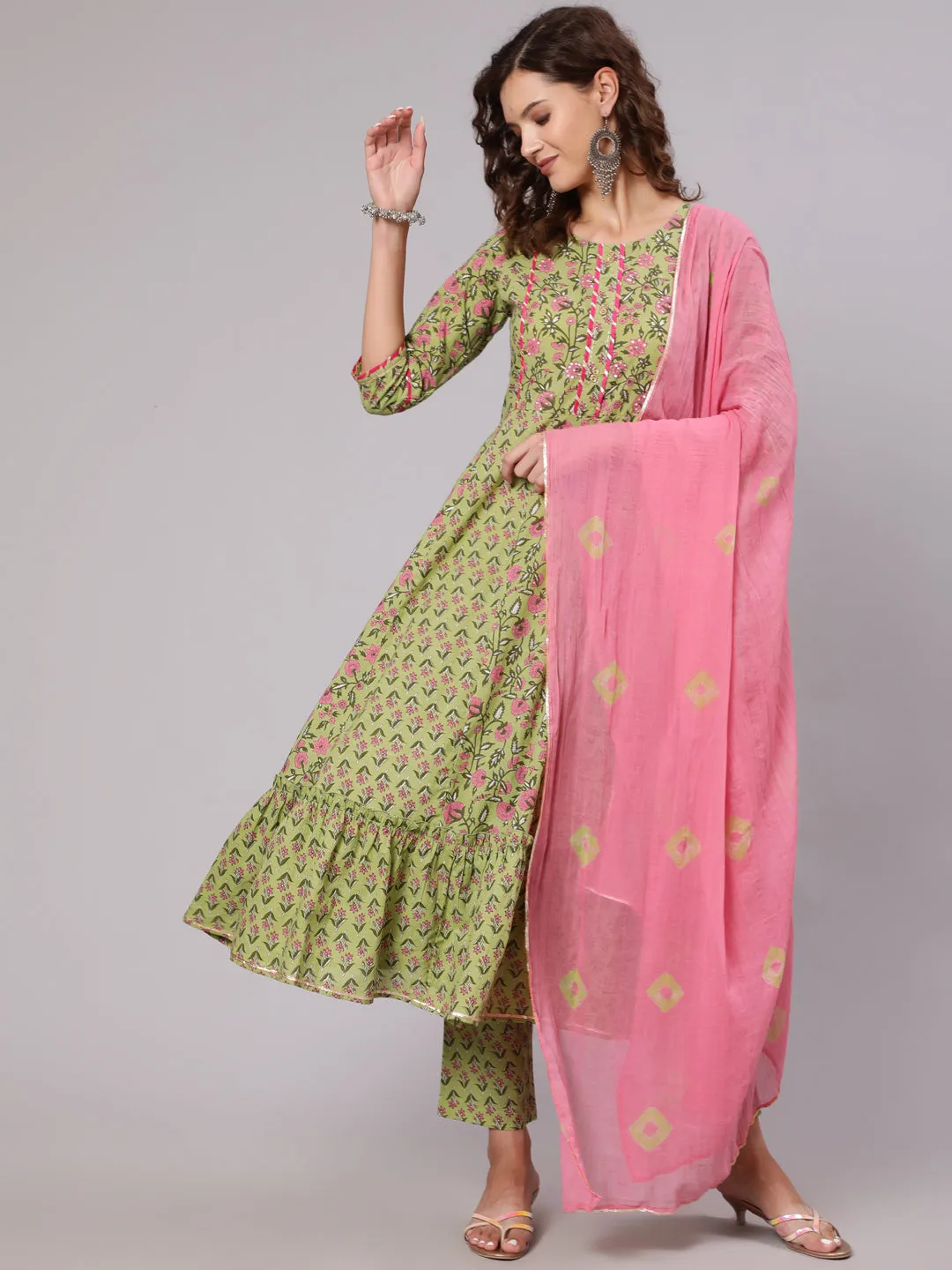 Green Ethnic Printed Gota Embellished Anarkali Suit With Pants And Tie And Dye Dupatta