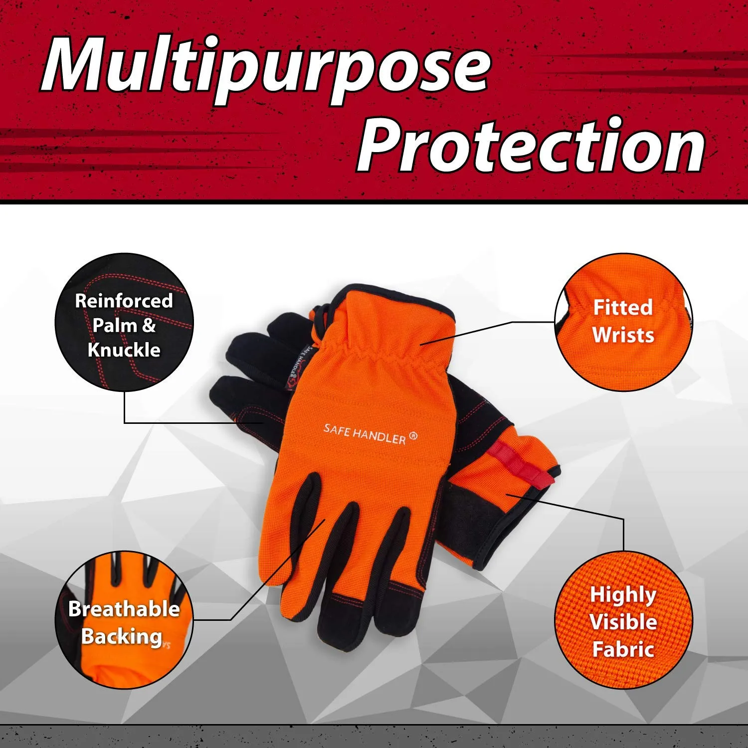 High Visibility Gloves, Fitted Wrists, Reinforced Palm and Knuckle (3 Pairs)