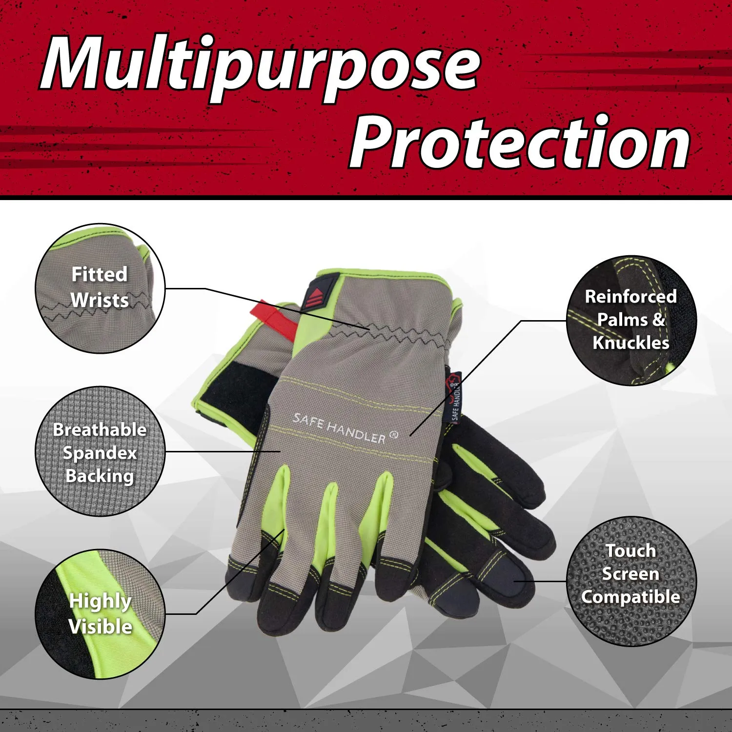 High Visibility Reinforced Palm, Tech Gloves, Fitted Wrists (2 Pairs)