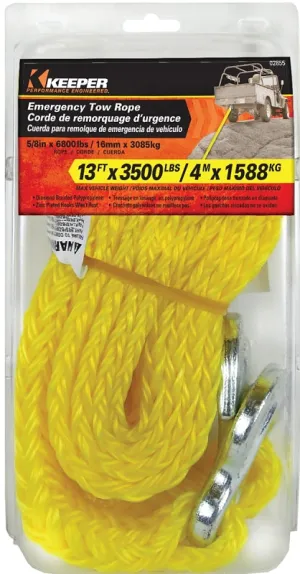 Keeper 02855 Tow Rope, 5/8 in Dia, 13 ft L, Hook End, 6800 Working Load, Polypropylene :EA: QUANTITY: 1