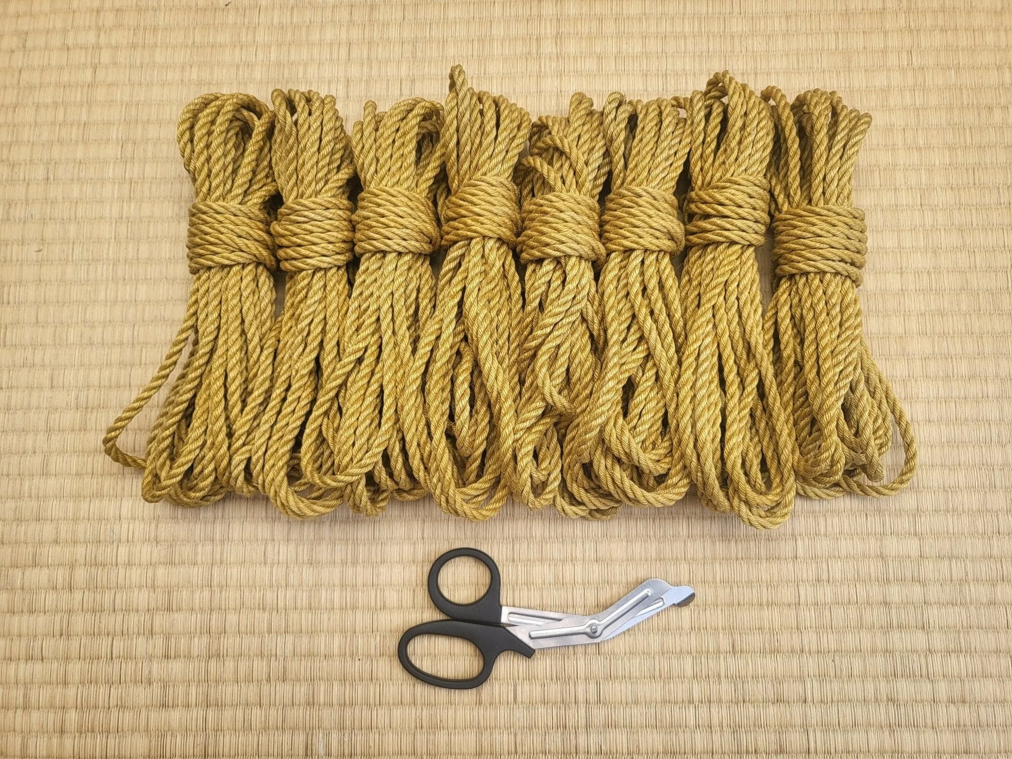 Mustard yellow jute shibari bondage rope.