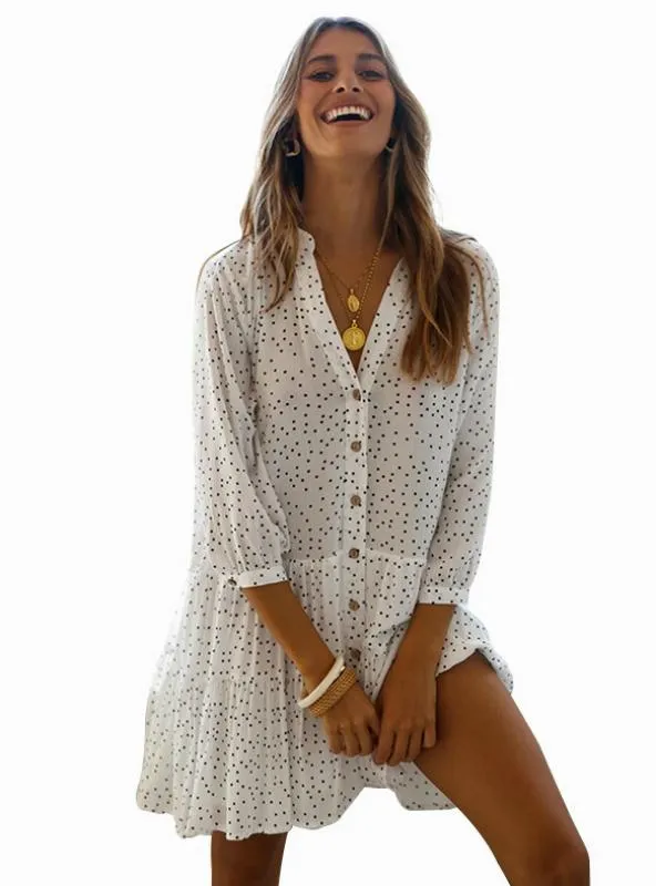 POLKA-DOT LONG SLEEVE V-NECK LOOSE MINI DRESS