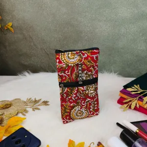 Saree Clip Mobile Pouch Yellow with Red Botanical Floral Prints