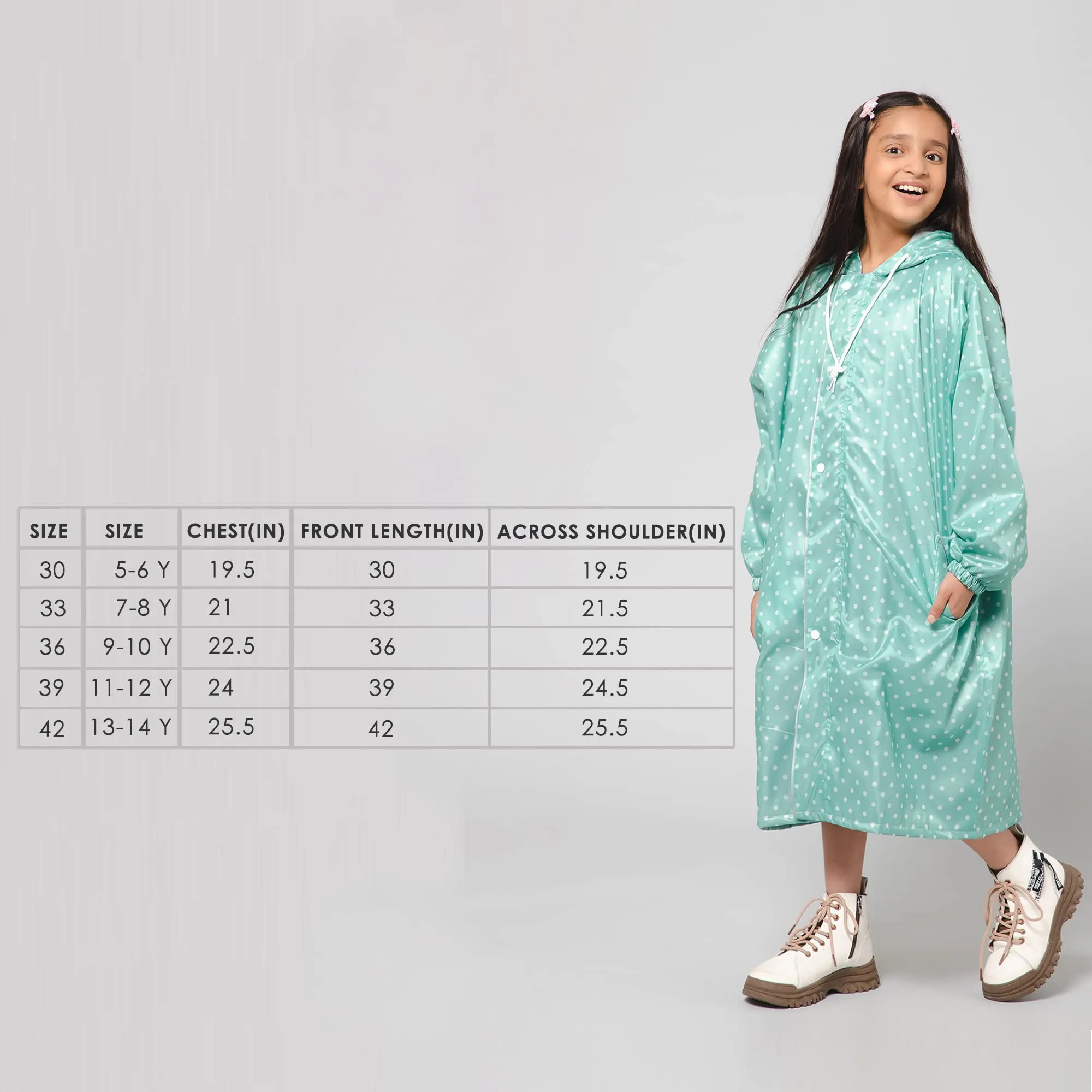 THE CLOWNFISH Drizzle Dot Series Kids Raincoat Waterproof Polyester Double Coating Reversible Longcoat with Hood and Reflector Logo at Back. Printed Plastic Pouch. Kid Age-13-14 years (Seafoam Green)