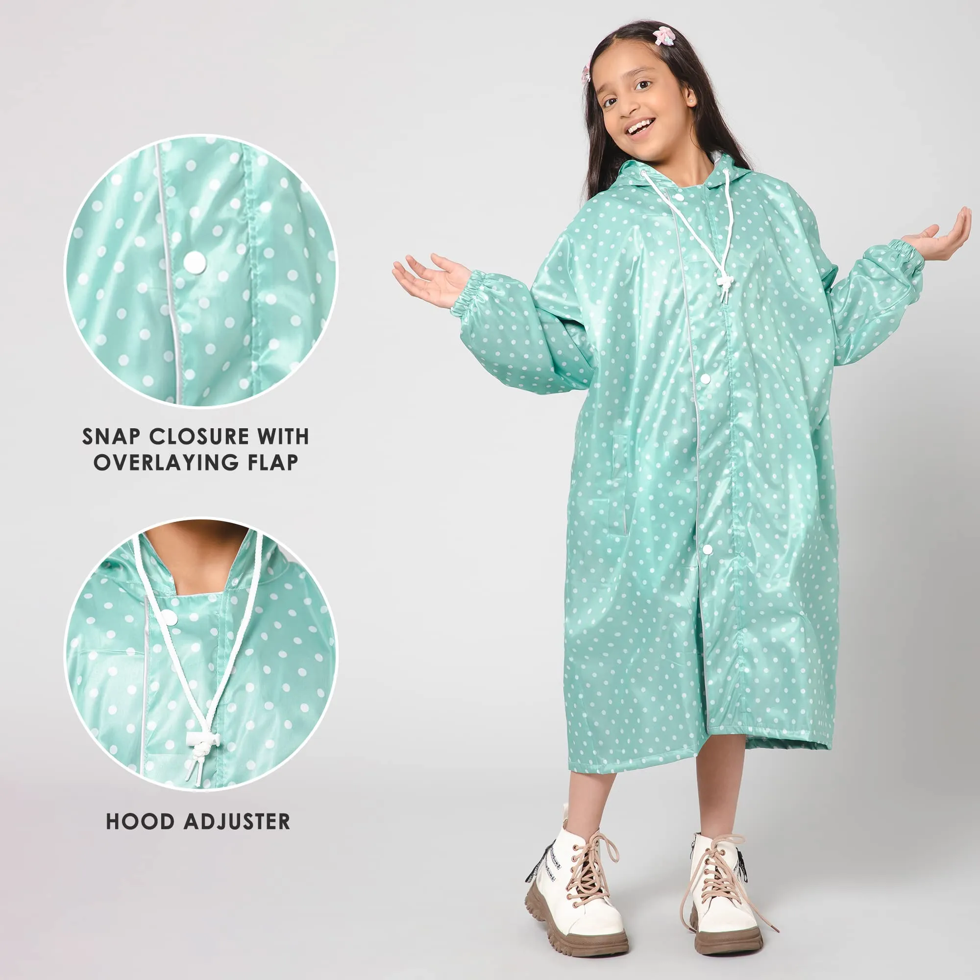 THE CLOWNFISH Drizzle Dot Series Kids Raincoat Waterproof Polyester Double Coating Reversible Longcoat with Hood and Reflector Logo at Back. Printed Plastic Pouch. Kid Age-7-8 years (Seafoam Green)