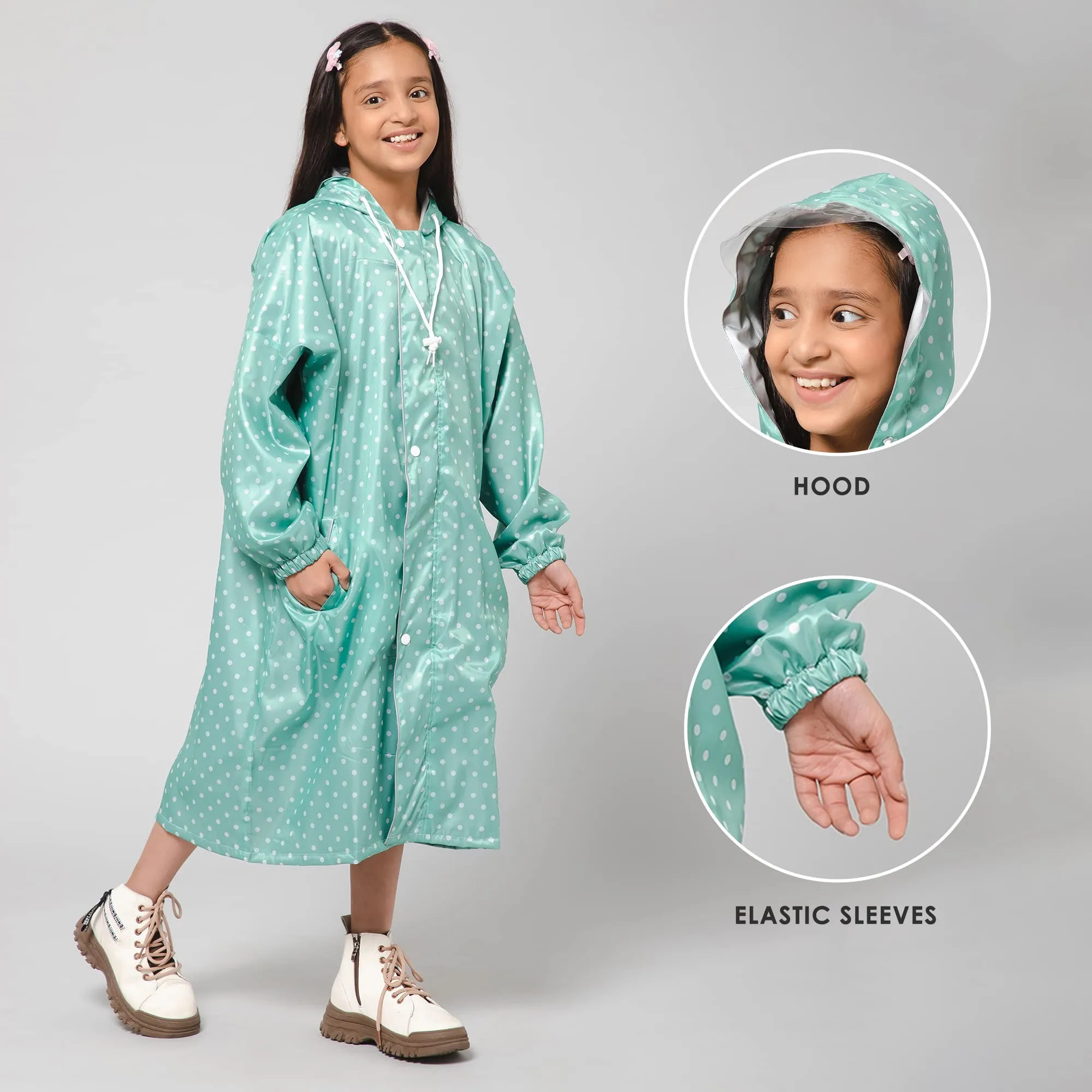 THE CLOWNFISH Drizzle Dot Series Kids Raincoat Waterproof Polyester Double Coating Reversible Longcoat with Hood and Reflector Logo at Back. Printed Plastic Pouch. Kid Age-7-8 years (Seafoam Green)