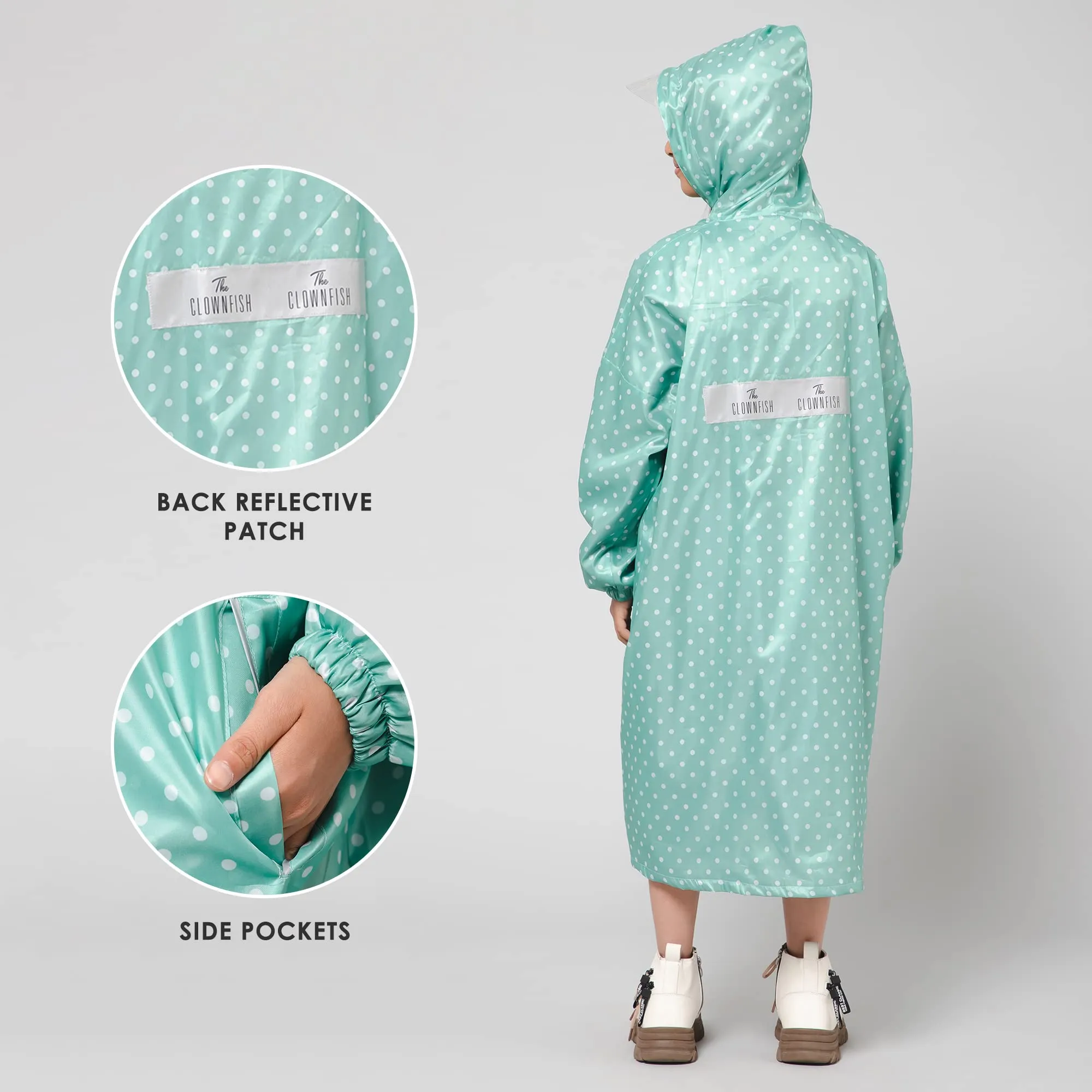 THE CLOWNFISH Drizzle Dot Series Kids Raincoat Waterproof Polyester Double Coating Reversible Longcoat with Hood and Reflector Logo at Back. Printed Plastic Pouch. Kid Age-7-8 years (Seafoam Green)