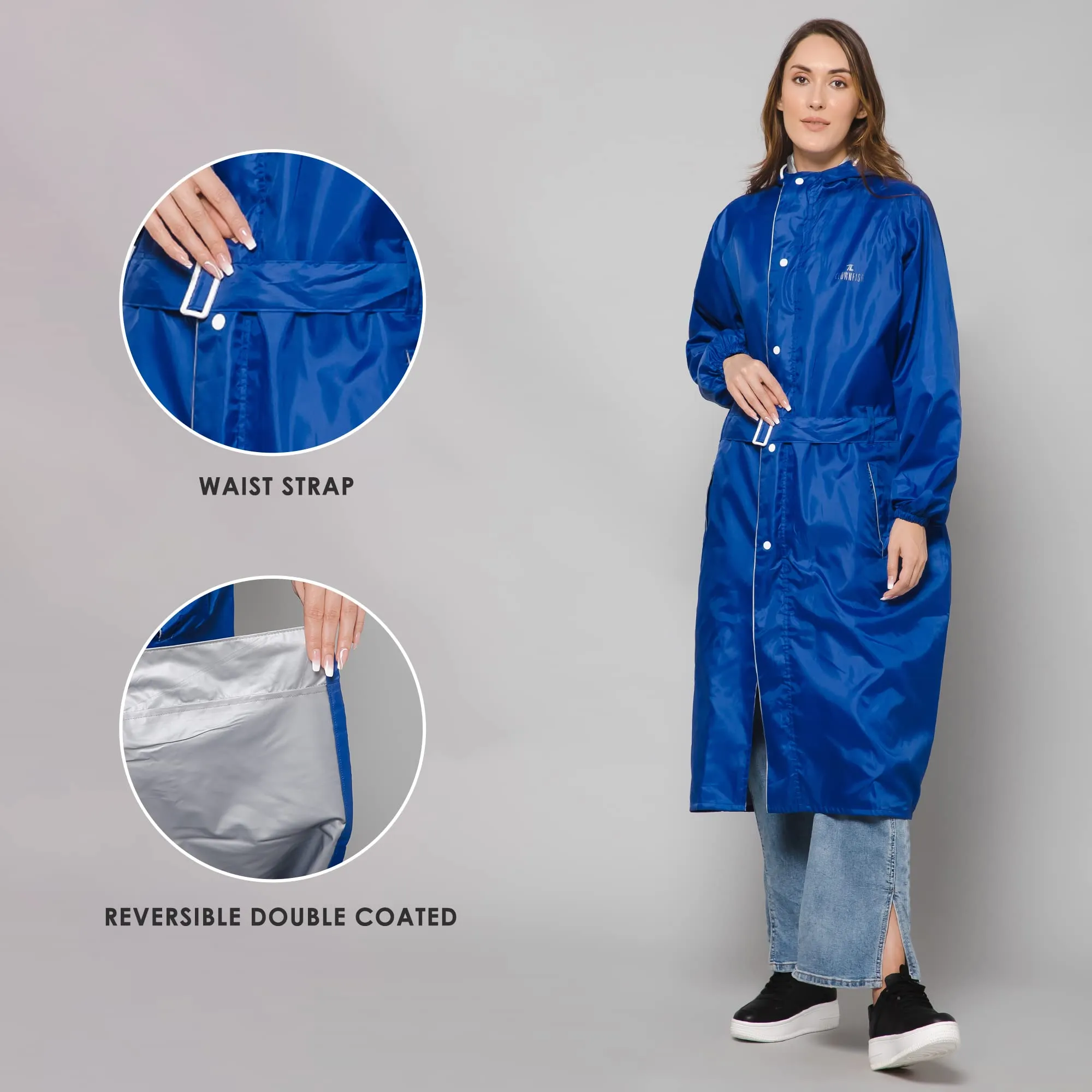 THE CLOWNFISH Polyester Raincoats For Women Raincoat For Ladies Waterproof Reversible Double Layer. Drizzle Diva Series (Royal Blue, Large)