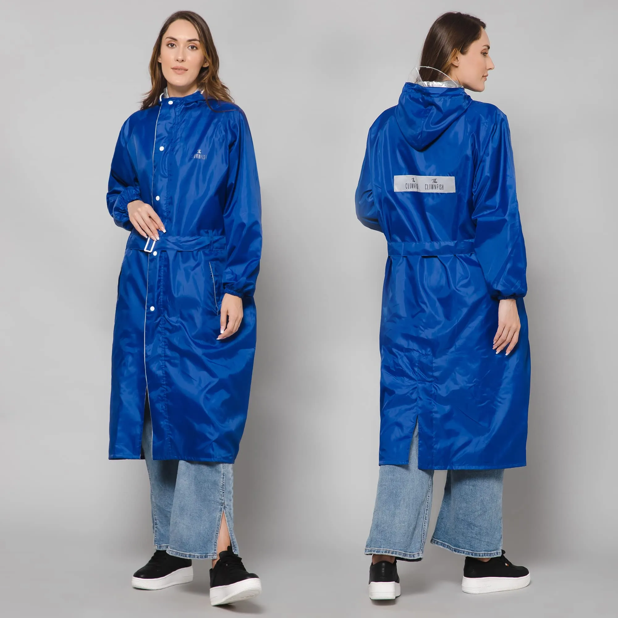 THE CLOWNFISH Polyester Raincoats For Women Raincoat For Ladies Waterproof Reversible Double Layer. Drizzle Diva Series (Royal Blue, Large)