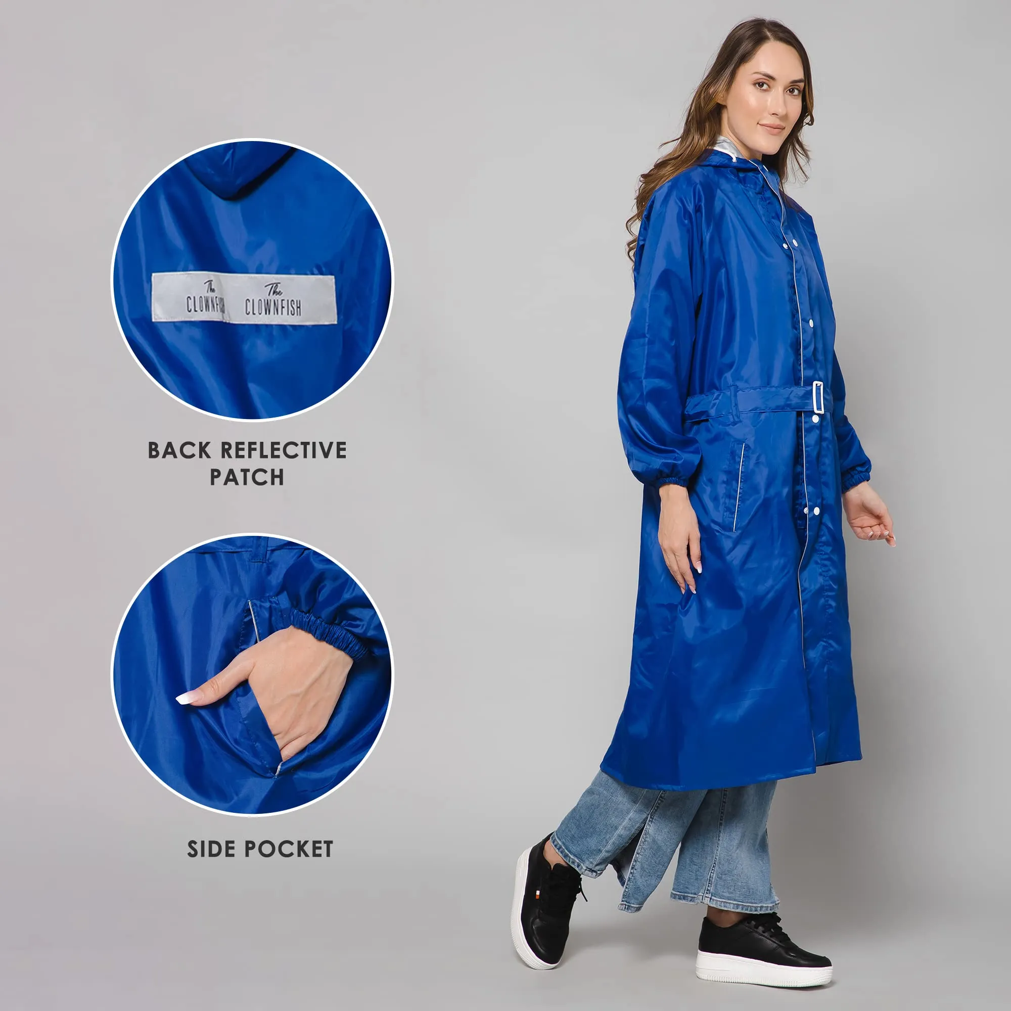 THE CLOWNFISH Polyester Raincoats For Women Raincoat For Ladies Waterproof Reversible Double Layer. Drizzle Diva Series (Royal Blue, Large)