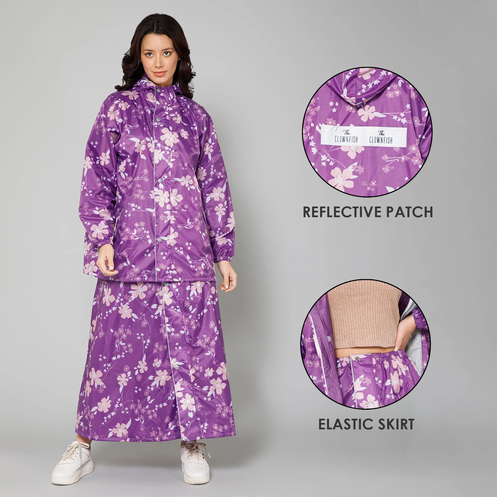 THE CLOWNFISH Polyester Waterproof Rain Coat For Women Skirt and Top Raincoat With Adjustable Hood and Front Pockets Rain Glam Series (Purple Floral, X-Large)