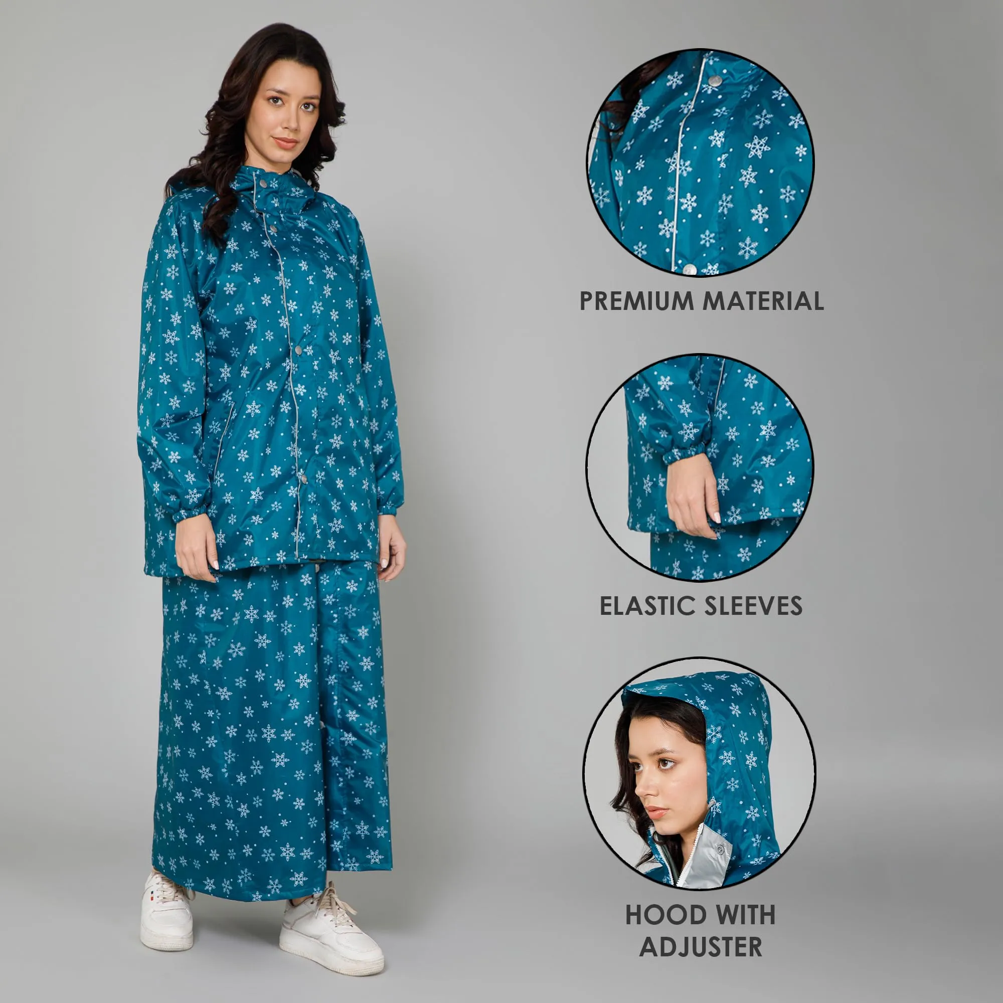 THE CLOWNFISH Polyester Waterproof Rain Coat For Women Skirt and Top Raincoat With Adjustable Hood and Front Pockets Rain Glam Series (Turquoise Blue Floral, XX-Large)