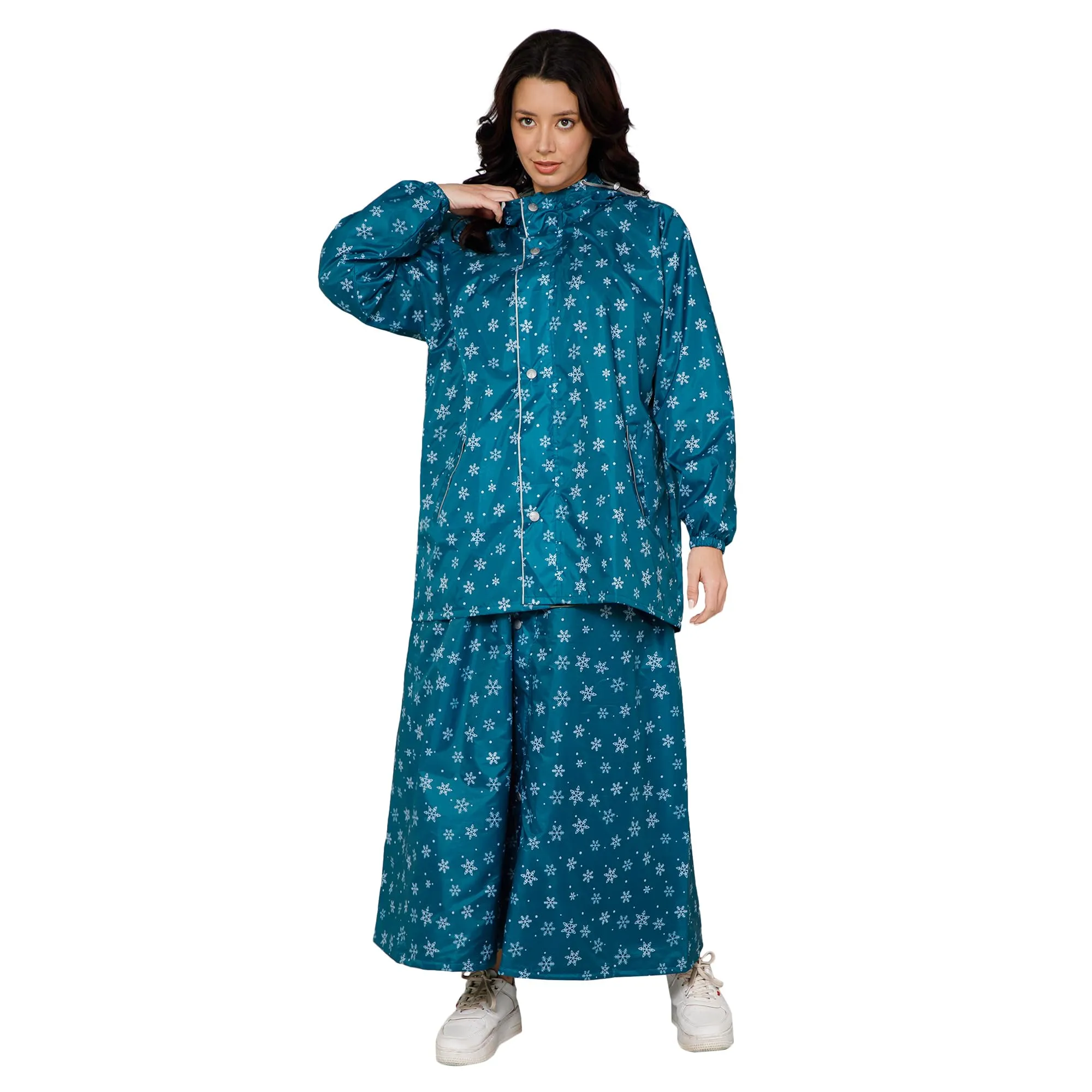 THE CLOWNFISH Polyester Waterproof Rain Coat For Women Skirt and Top Raincoat With Adjustable Hood and Front Pockets Rain Glam Series (Turquoise Blue Floral, XX-Large)