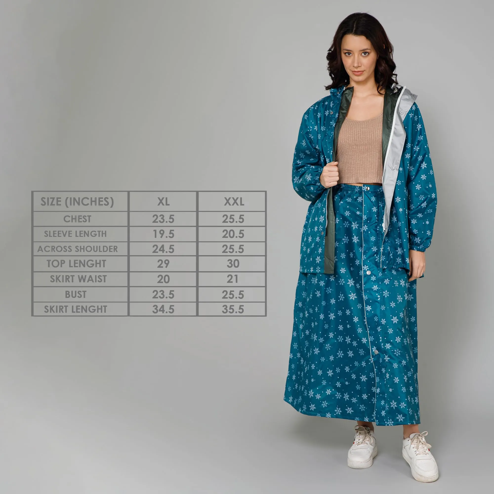 THE CLOWNFISH Polyester Waterproof Rain Coat For Women Skirt and Top Raincoat With Adjustable Hood and Front Pockets Rain Glam Series (Turquoise Blue Floral, XX-Large)