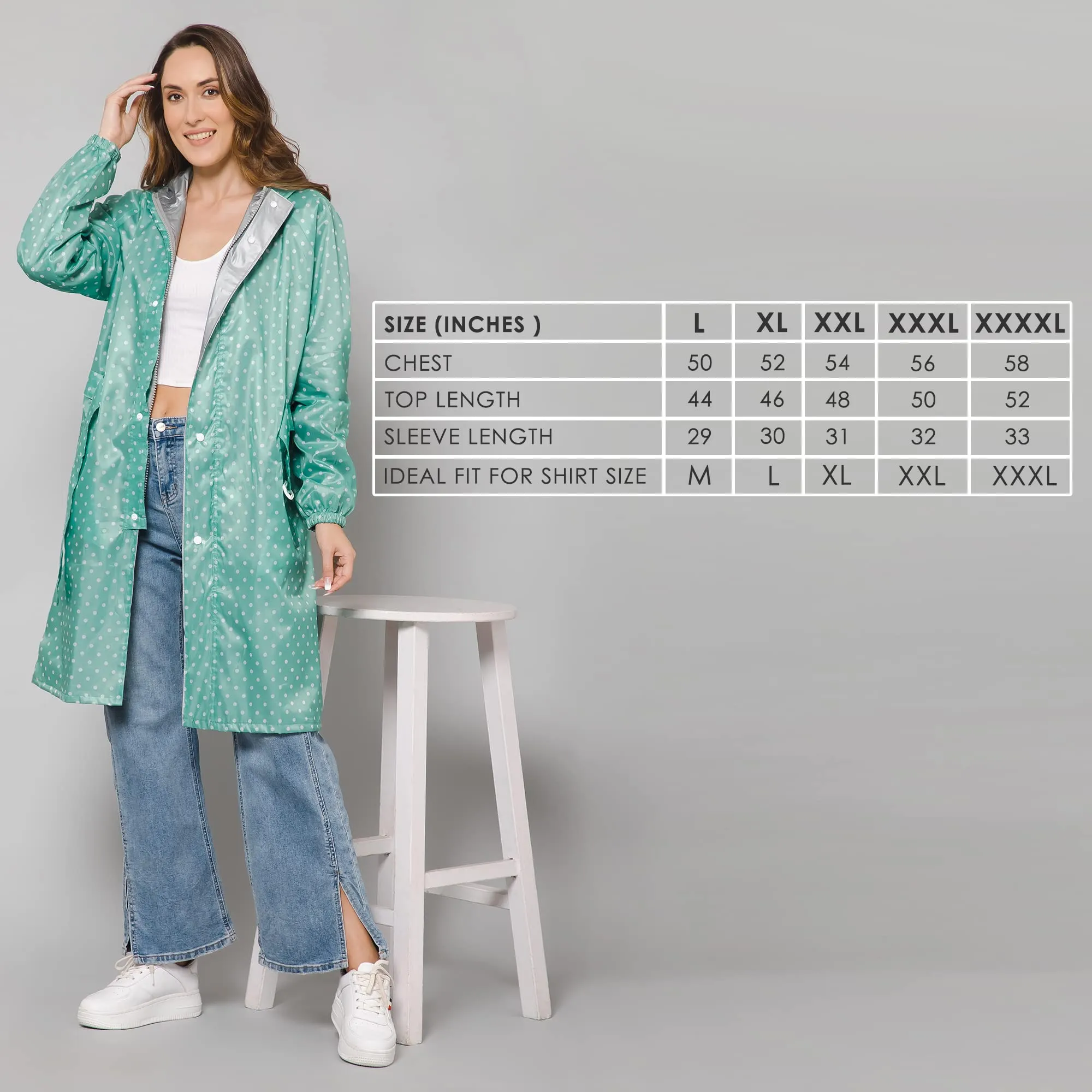 THE CLOWNFISH Raincoats for Women Rain Coat for Women Longcoat Raincoat for Ladies Waterproof Reversible Double Layer. Dotty Delight Series (Green, XX-Large)