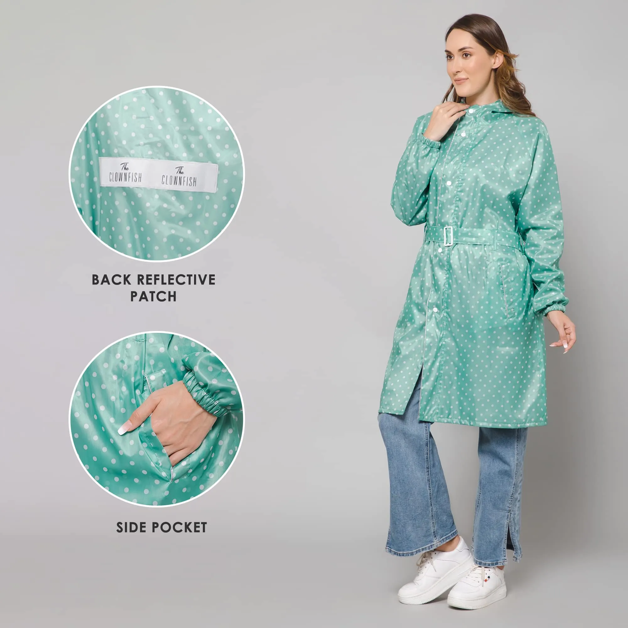 THE CLOWNFISH Raincoats for Women Rain Coat for Women Longcoat Raincoat for Ladies Waterproof Reversible Double Layer. Dotty Delight Series (Green, XX-Large)