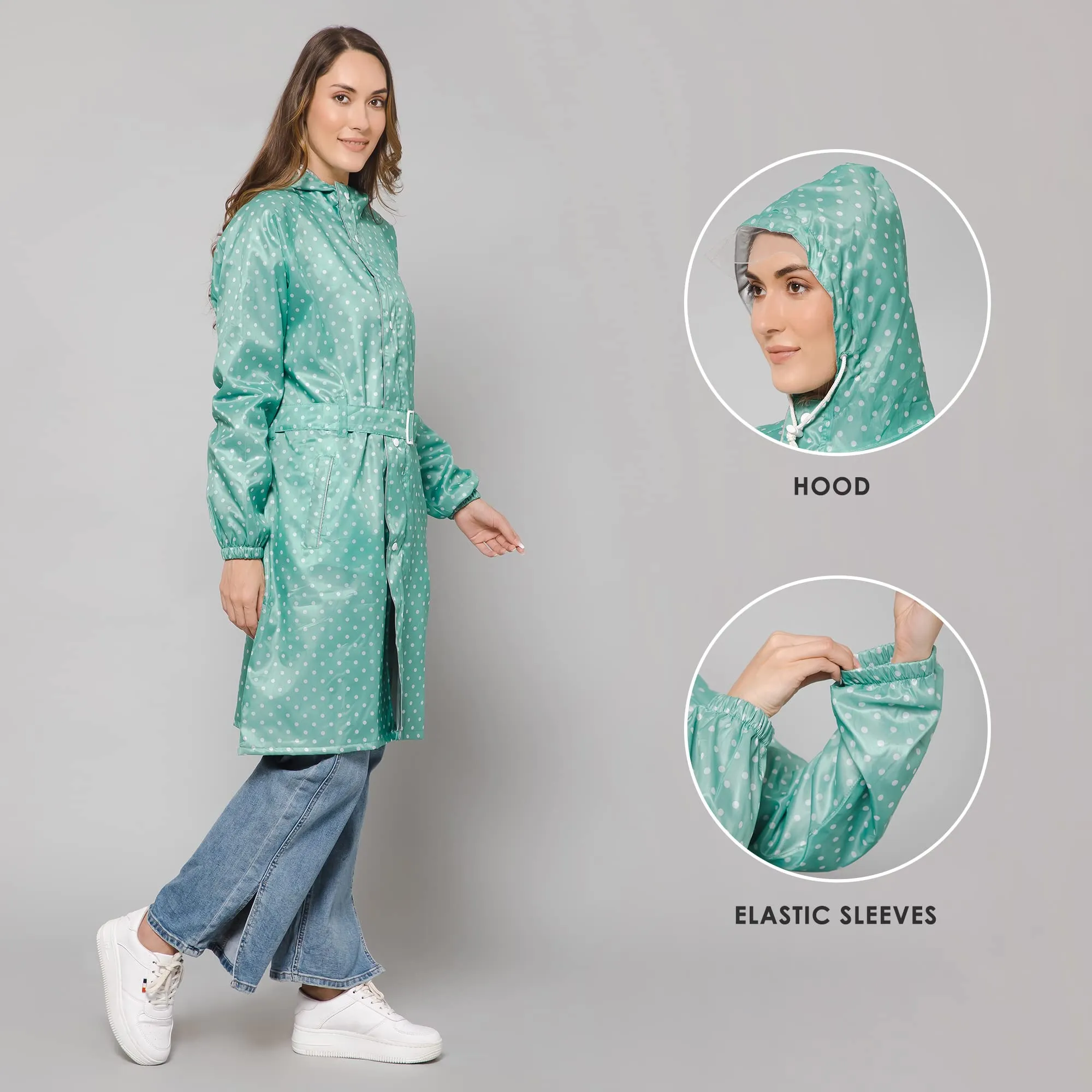 THE CLOWNFISH Raincoats for Women Rain Coat for Women Longcoat Raincoat for Ladies Waterproof Reversible Double Layer. Dotty Delight Series (Green, XX-Large)