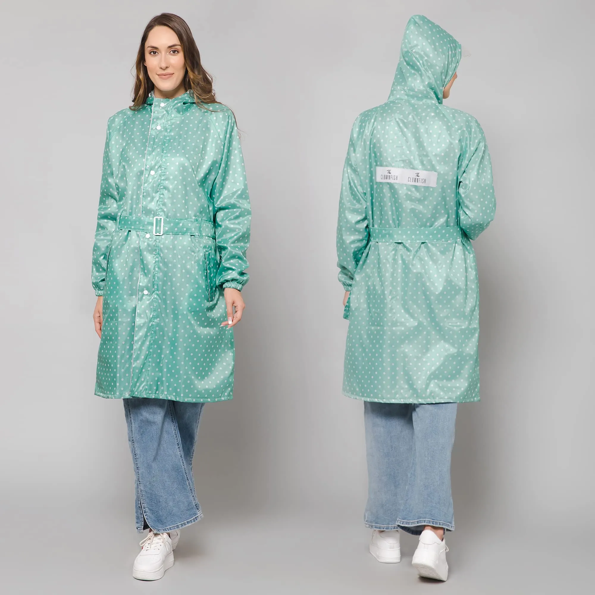 THE CLOWNFISH Raincoats for Women Rain Coat for Women Longcoat Raincoat for Ladies Waterproof Reversible Double Layer. Dotty Delight Series (Green, XXX-Large)