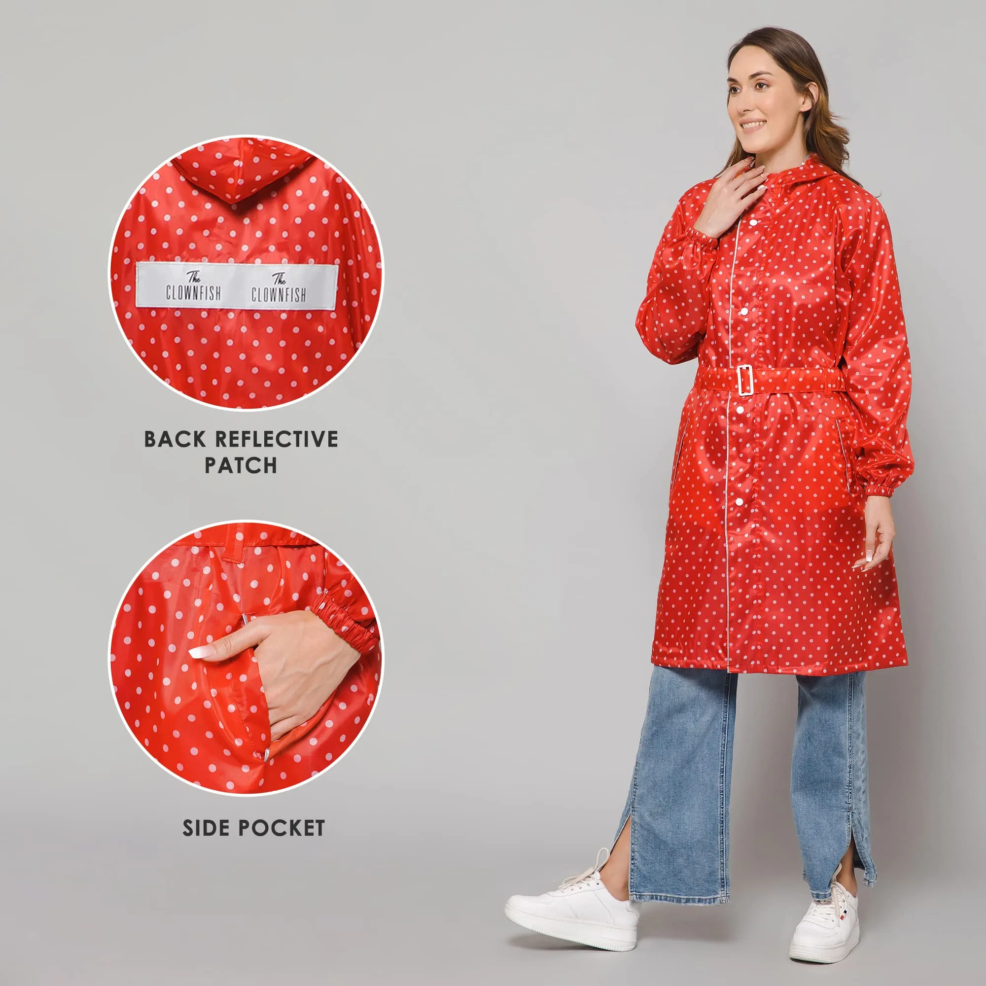 THE CLOWNFISH Raincoats for Women Rain Coat for Women Longcoat Raincoat for Ladies Waterproof Reversible Double Layer. Dotty Delight Series (Red, XX-Large)